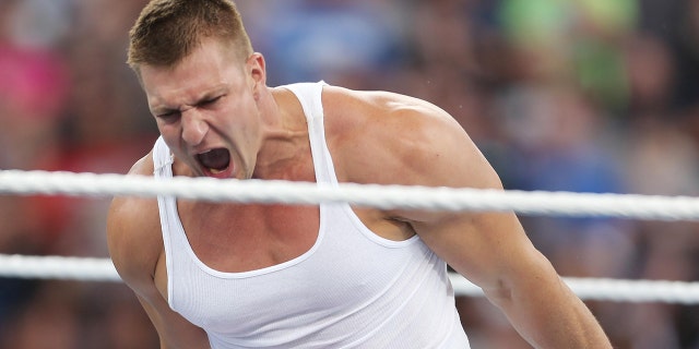 Rob Gronkowski screams in the ring during WrestleMania 33 on Sunday, April 2, 2017 at Camping World Stadium in Orlando, Fla.