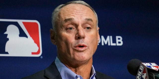 Major League Baseball commissioner Rob Manfred speaks during a news conference, Thursday March 10, 2022, in New York.