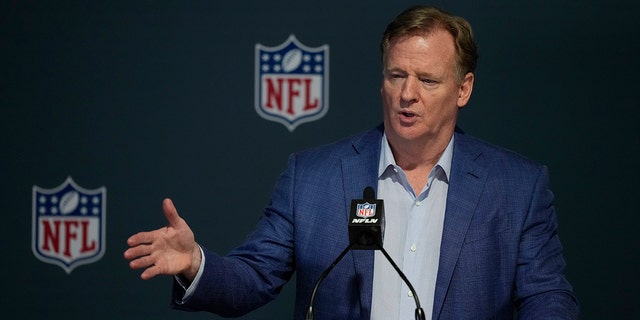 NFL Commissioner Roger Goodell answers questions from reporters at a press conference following the close of the NFL owners meeting March 29, 2022, at The Breakers resort in Palm Beach, Fla.
