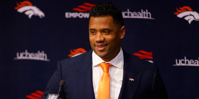 Denver Broncos quarterback Russell Wilson #3 speaks to the press at the UCHealth Training Center on March 16, 2022 in Englewood, Colorado.