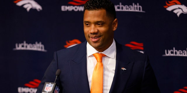 Quarterback Russell Wilson of the Denver Broncos addresses the press at UCHealth Training Center on March 16, 2022, in Englewood, Colorado.