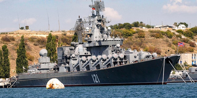 The Russian missile cruiser Moskva at anchor in the Black Sea port of Sevastopol in 2008.