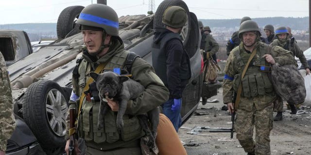 A Ukrainian soldier carries a dog saved from under the ruins of houses destroyed by the Russian forces in Irpin close to Kyiv, Ukraine, Thursday, March 31, 2022.