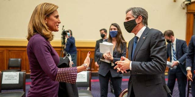 U.S. Rep Maria Elvira Salazar (R-FL) speaks with Secretary of State Antony Blinken following his testimony before the House Committee on Foreign Affairs on The Biden Administration's Priorities for U.S. Foreign Policy on Capitol Hill in Washington, U.S., March 10, 2021. Ken Cedeno/Pool via REUTERS