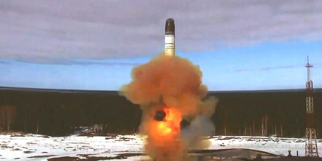 The Sarmat intercontinental ballistic missile is launched during a test at Plesetsk Cosmodrome in Arkhangelsk region, Russia, in this still image taken from a video released on Wednesday.