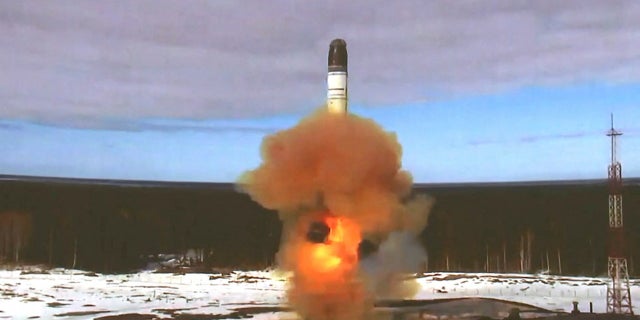 The Sarmat intercontinental ballistic missile is launched during a test at Plesetsk Cosmodrome in Arkhangelsk region, Russia, in this still image taken from a video released on Wednesday.