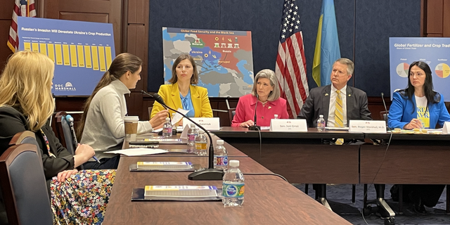 Sens. Joni Ernst and Roger Marshall are working with Ukrainian leaders to turn attention to the deteriorating global food security crisis. (Kelly Laco/Fox News Digital)