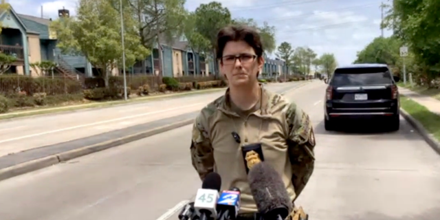 Houston Police Department SWAT Commander Megan Howard giving a press conference near where a burglary suspect was arrested on Tuesday after crashing a stolen ambulance. 