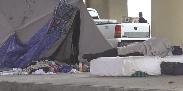 A senior sleeps on a mattress under an overpass in downtown New Orleans. 