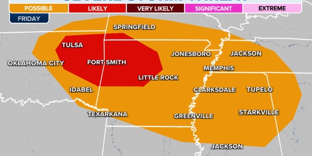 Map of southern severe storm threats