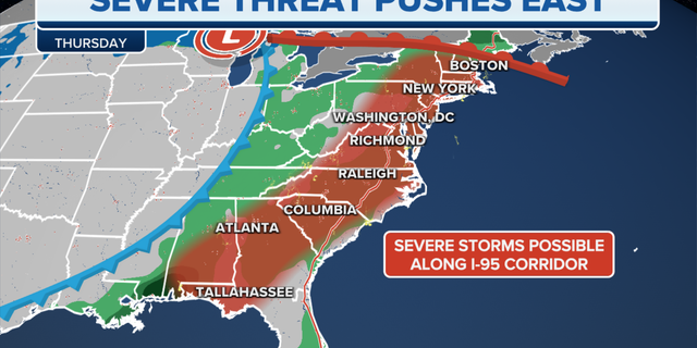 Severe weather threat pushes eastward