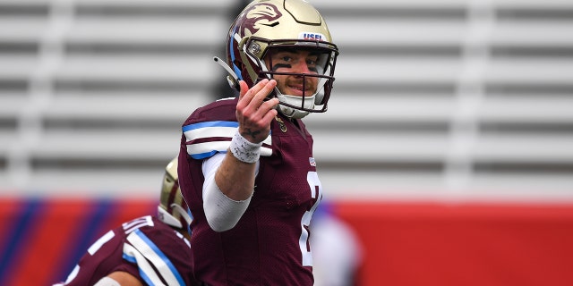 Michigan quarterback Shea Patterson (2), signals to teammates during the USFL game between the Houston Gamblers and the Michigan Panthers on April 17, 2022 at Protective Stadium in Birmingham, AL.