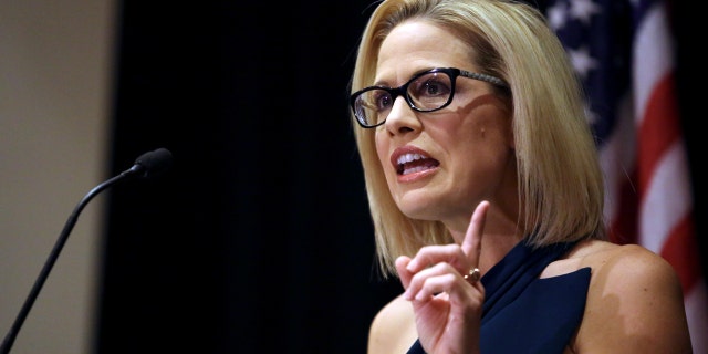 Then-Democratic candidate Kyrsten Sinema speaks to supporters after officially winning the US Senate race at the Omni Montelucia resort in Scottsdale, Arizona, US, November 12, 2018. 