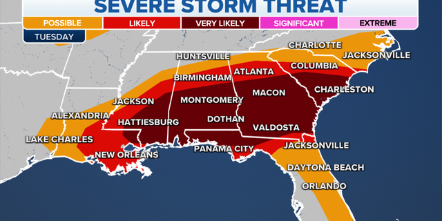 Severe storm threat on Tuesday in the Southeast