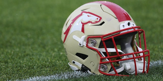 A Birmingham Stallions helmet sits on the field before the game against the New Jersey Generals at Protective Stadium on April 16, 2022 in Birmingham, Alabama.