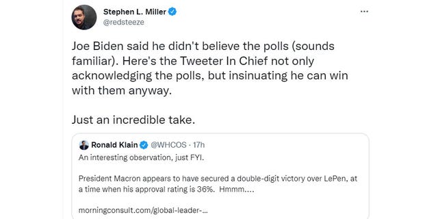 Journalist Stephen Miller mocked a tweet by White House chief of staff Ron Klain in an April 24, 2022, tweet.