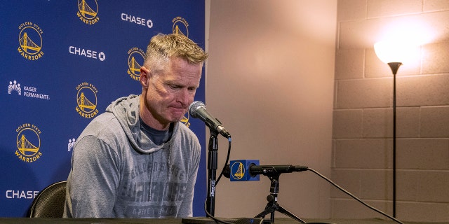 Golden State Warriors coach Steve Kerr speaks Sunday, aprile 3, 2022, to local media.