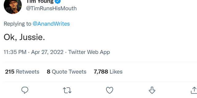Tim Young tweeted "Okay, Jusie."