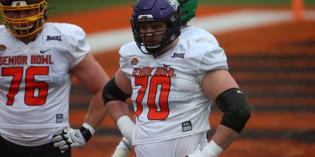 National offensive lineman Trevor Penning of Northern Iowa (70) during the Reese's Senior Bowl practice session on February 2, 2002 at Hancock Whitney Stadium in Mobile, Alabama.