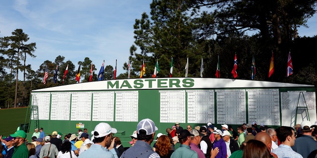 A general view of the leader board next to the first fairway during a practice round prior to the Masters at Augusta National Golf Club April 4, 2022, in Augusta, Ga.