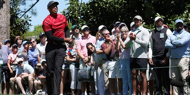 Tiger Woods follows his shot from the ninth tee during the final round of the Masters at Augusta National Golf Club on April 10, 2022 in Augusta, Georgia.