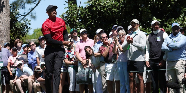 Tiger Woods follows his shot from the ninth tee during the final round of the Masters at Augusta National Golf Club on April 10, 2022 in Augusta, Georgia.