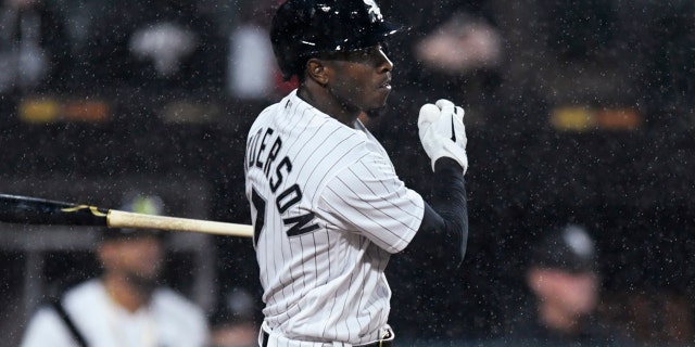 Chicago White Sox's Tim Anderson watches his two-run double during the second inning of the team's baseball game against the Seattle Mariners on Wednesday, April 13, 2022, in Chicago.