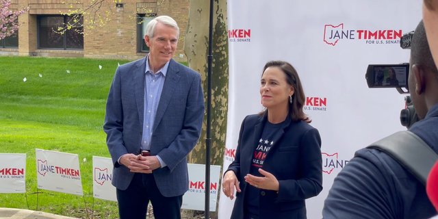 Ohio Senate candidate Jane Timken addresses supporters with Sen. Rob Portman, R-Ohio, on April 30, 2022, in Columbus, (Tyler Olson/Fox News)