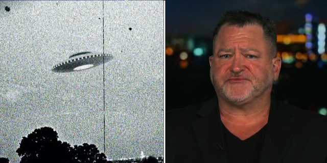 Photograph of the supposed Westall UFO encounter (left) and Luis "Lue" Elizondo (right) on "Tucker Carlson Tonight."