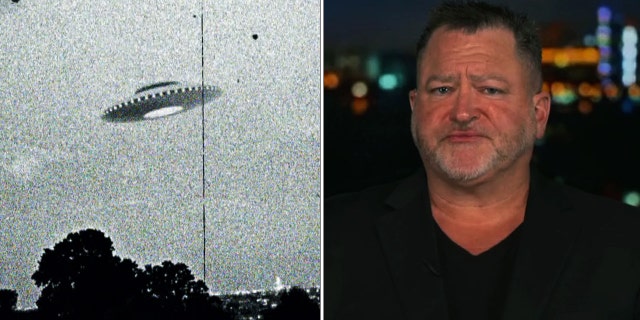 Photograph of the supposed Westall UFO encounter (left) and Luis "Lue" Elizondo (right) on "Tucker Carlson Tonight."