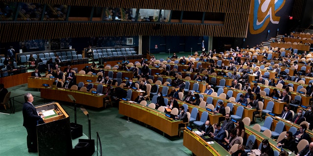 Sergiy Kyslytsya, Permanent Representative of Ukraine to the United Nations, speaks during a meeting of the United Nations General Assembly on Thursday.