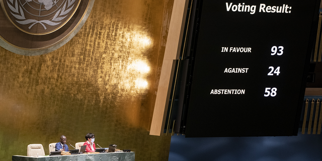 A completed resolution vote tally to affirm the suspension of the Russian Federation from the United Nations Human Rights Council is displayed during a meeting of the United Nations General Assembly on Thursday. 