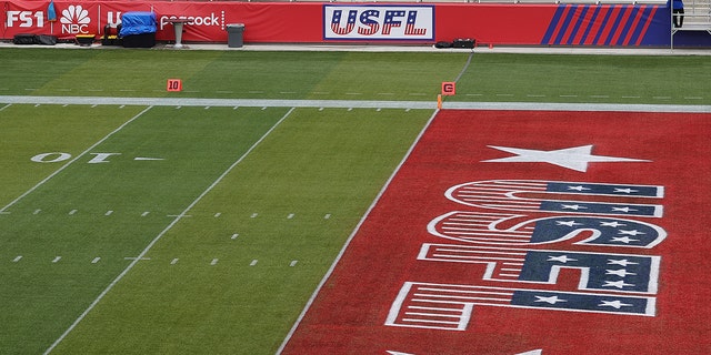 The logo for the United States Football League is seen in the end zone before the game between the New Jersey Generals and the Birmingham Stallions at Protective Stadium on April 16, 2022 in Birmingham, Alabama.