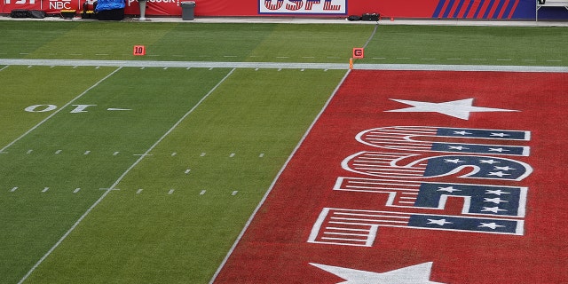 The logo for the United States Football League is seen in the end zone before the game between the New Jersey Generals and the Birmingham Stallions at Protective Stadium on April 16, 2022 in Birmingham, Alabama.