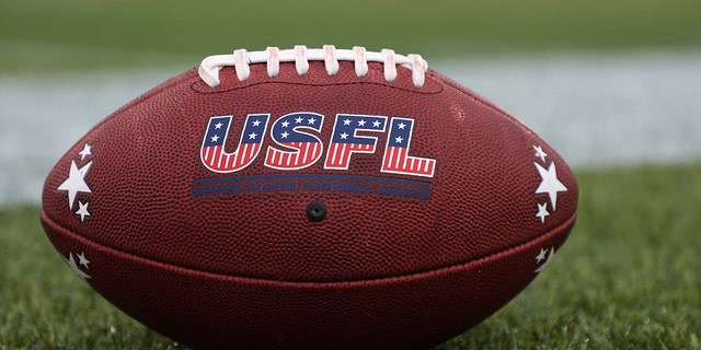 The logo for the United States Football League is seen on a football before the game between the Birmingham Stallions and the New Jersey Generals at Protective Stadium on April 16, 2022 in Birmingham, Alabama.