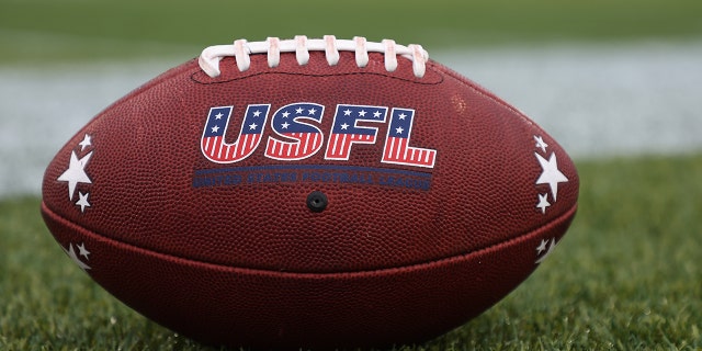 The logo for the United States Football League is seen on a football before the game between the Birmingham Stallions and the New Jersey Generals at Protective Stadium on April 16, 2022 in Birmingham, Alabama.