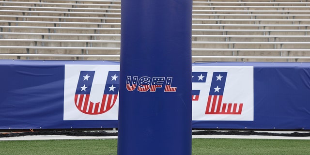 The logo for the United States Football League is seen on the field before the game between the New Jersey Generals and the Birmingham Stallions at Protective Stadium on April 16, 2022 in Birmingham, Alabama.