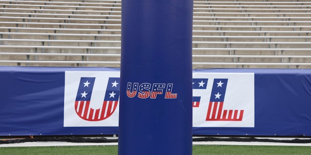 3 The logo for the United States Football League is seen on the field before the game between the New Jersey Generals and the Birmingham Stallions at Protective Stadium on April 16, 2022 in Birmingham, Alabama.