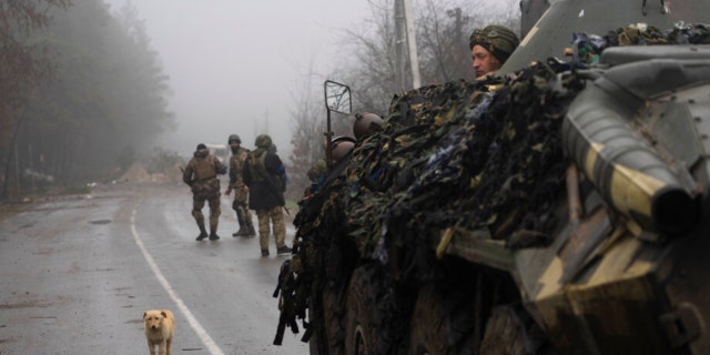 A dog is seen in the middle of a street as Ukrainian army soldiers take part in a military sweep to search for possible remnants of Russian troops after their withdrawal from villages in the outskirts of Kyiv, Ukraine, April 1, 2022. 