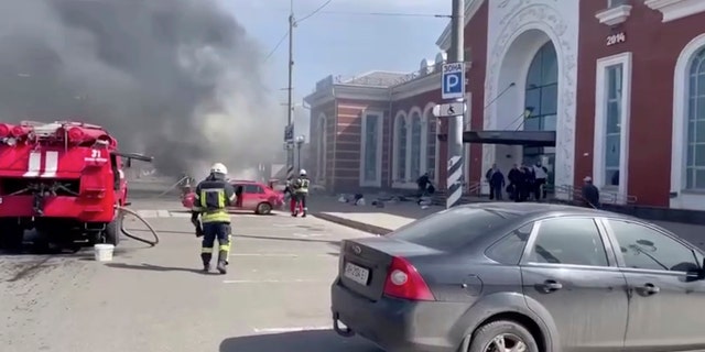 In this image from video published on Ukrainian President Volodymyr Zelenskyy's Telegram channel, a smoke rises after Russian shelling at the railway station in Kramatorsk, Ukraine, Friday, April 8, 2022. (Ukrainian President Volodymyr Zelenskyy's Telegram channel via AP)