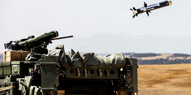 A Javelin missile fired by soldiers with the 2nd Stryker Brigade Combat Team heads toward a target during a live-fire training exercise April 28, 2022, at Fort Carson, Colo.