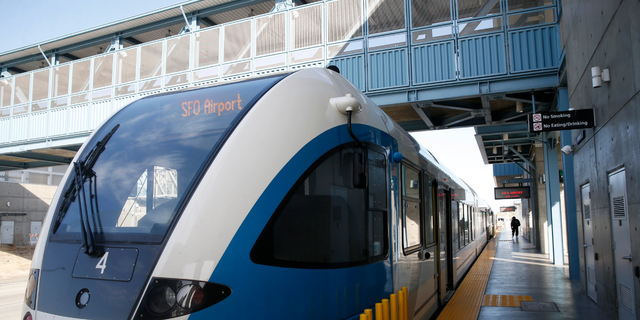 A train waits to depart at the BART station in Antioch, Calif., on Monday, March 22, 2021. This is the first time the station will have a BART agent on staff since its grand opening in May 2018.