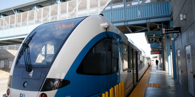 A train waits to depart at the BART station in Antioch, Calif., on Monday, March 22, 2021. This is the first time the station will have a BART agent on staff since its grand opening in May 2018.