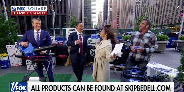 "Fox &amp; Friends" co-hosts check out a Kobalt leaf blower as home improvement expert Skip Bedell shows off new power tools on Friday, April 15, 2022. (Fox News)