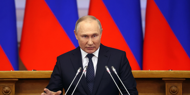 Russian President Vladimir Putin speaks Wednesday, April 27 in St. Petersburg, Russia.