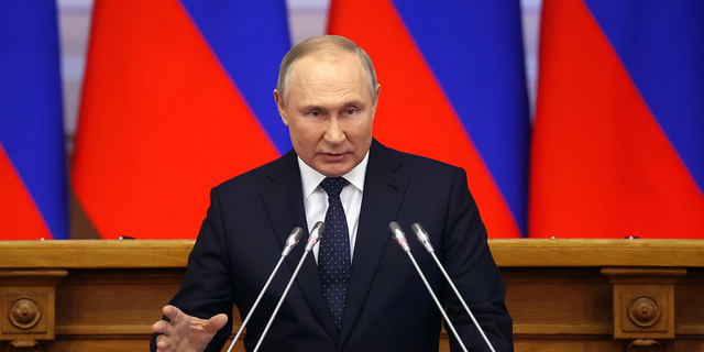 Russian President Vladimir Putin speaks Wednesday, April 27 in St. Petersburg, Russia.