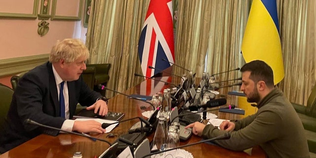 United Kingdom Prime Minister Boris Johnson meets with Ukrainian President Volodymyr Zelenskyy in Kyiv, Ukraine, Saturday, March 9, 2022.