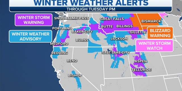 Western winter weather alerts through Tuesday