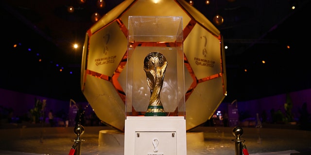 A view of the FIFA World Cup Trophy ahead of the FIFA World Cup Qatar 2022 final draw at the Doha Exhibition Center April 1, 2022, in Doha, Qatar.