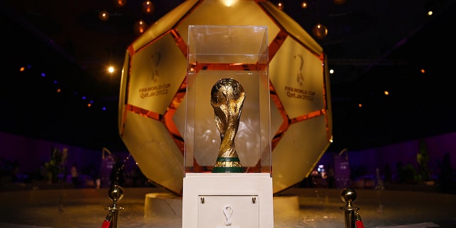 A view of the FIFA World Cup Trophy ahead of the FIFA World Cup Qatar 2022 final draw at the Doha Exhibition Center April 1, 2022, in Doha, Qatar.